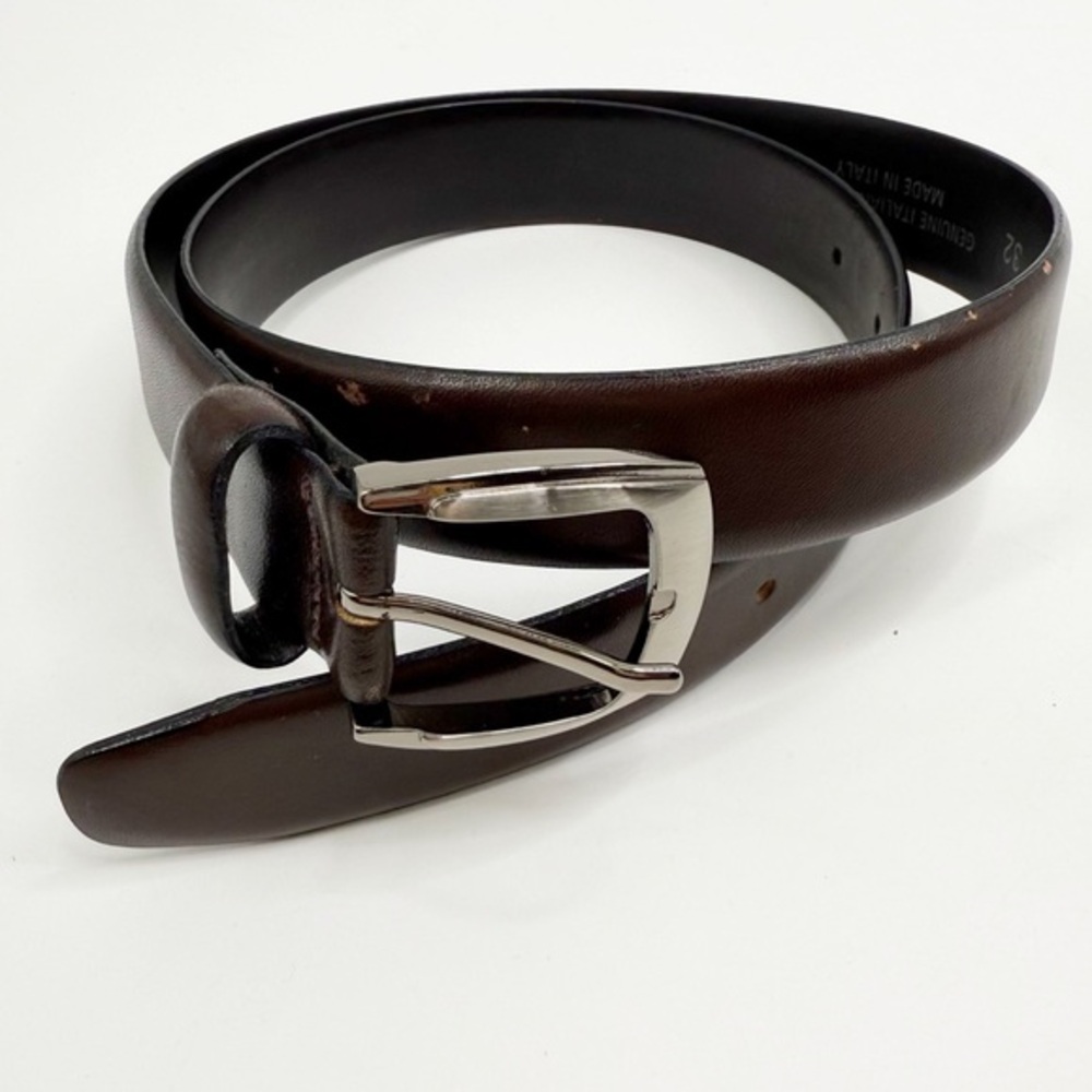 Paul Lawrence Dark Brown Italian Leather Belt with Brushed Silver Buckle, 32